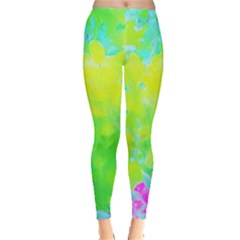 Fluorescent Yellow And Pink Abstract Garden Foliage Leggings  by myrubiogarden