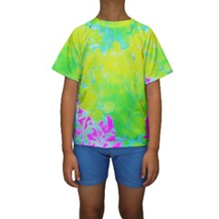 Fluorescent Yellow And Pink Abstract Garden Foliage Kids  Short Sleeve Swimwear by myrubiogarden