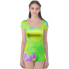 Fluorescent Yellow And Pink Abstract Garden Foliage Boyleg Leotard  by myrubiogarden