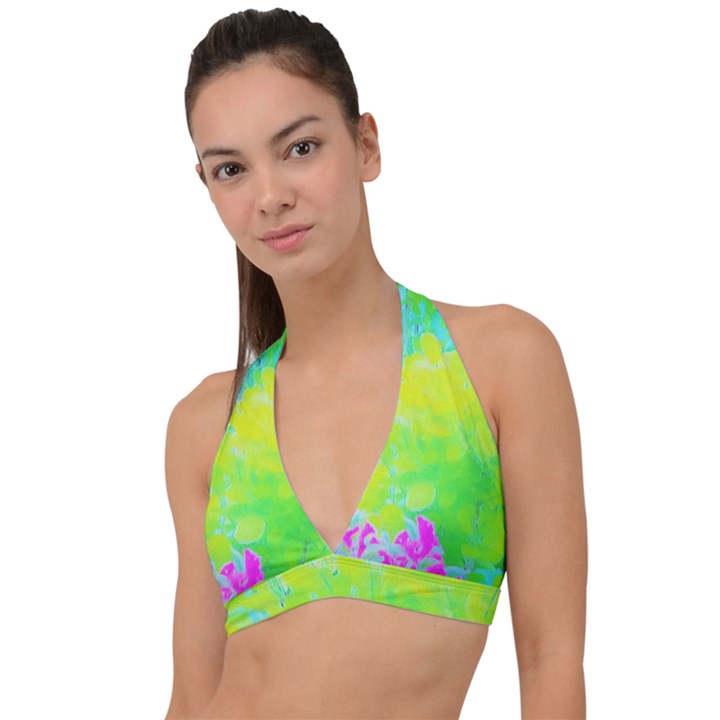 Fluorescent Yellow And Pink Abstract Garden Foliage Halter Plunge Bikini Top