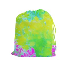 Fluorescent Yellow And Pink Abstract Garden Foliage Drawstring Pouch (xl) by myrubiogarden