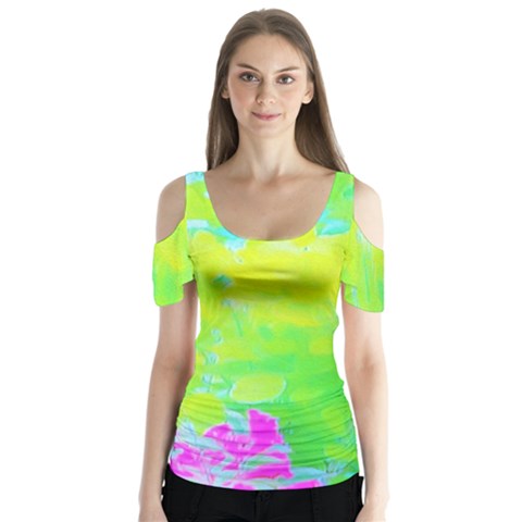 Fluorescent Yellow And Pink Abstract Garden Foliage Butterfly Sleeve Cutout Tee  by myrubiogarden