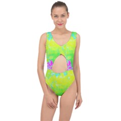 Fluorescent Yellow And Pink Abstract Garden Foliage Center Cut Out Swimsuit by myrubiogarden