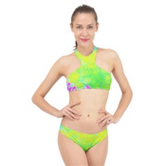 Fluorescent Yellow And Pink Abstract Garden Foliage High Neck Bikini Set by myrubiogarden