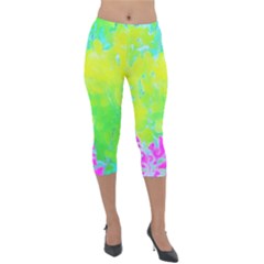 Fluorescent Yellow And Pink Abstract Garden Foliage Lightweight Velour Capri Leggings  by myrubiogarden