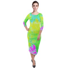 Fluorescent Yellow And Pink Abstract Garden Foliage Quarter Sleeve Midi Velour Bodycon Dress by myrubiogarden