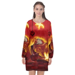 Wonderful Fairy Of The Fire With Fire Birds Long Sleeve Chiffon Shift Dress  by FantasyWorld7