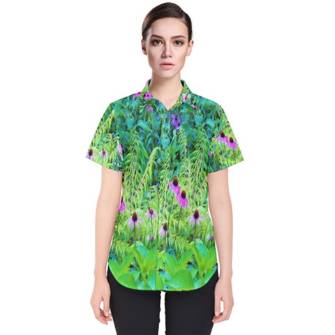 Purple Coneflower Garden With Tiger Eye Tree Women s Short Sleeve Shirt by myrubiogarden