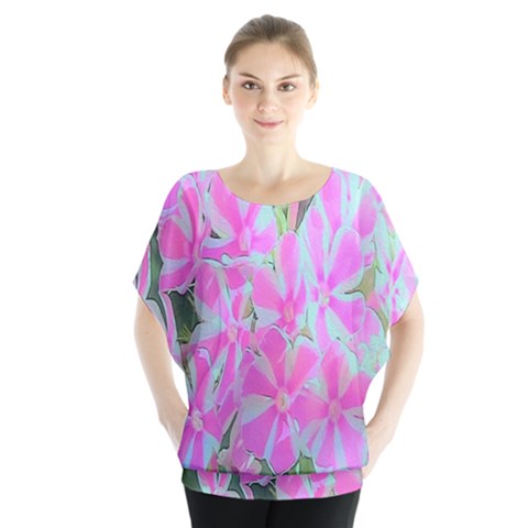 Hot Pink And White Peppermint Twist Garden Phlox Batwing Chiffon Blouse by myrubiogarden