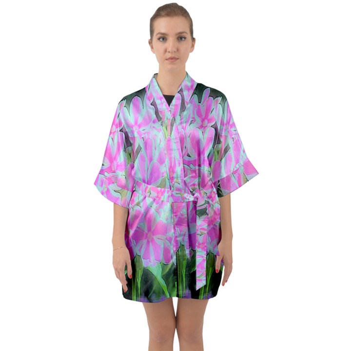 Hot Pink And White Peppermint Twist Garden Phlox Quarter Sleeve Kimono Robe