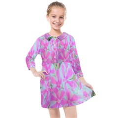 Hot Pink And White Peppermint Twist Garden Phlox Kids  Quarter Sleeve Shirt Dress by myrubiogarden