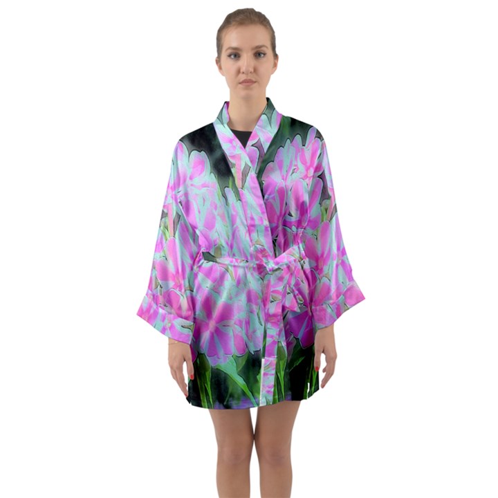 Hot Pink And White Peppermint Twist Garden Phlox Long Sleeve Kimono Robe