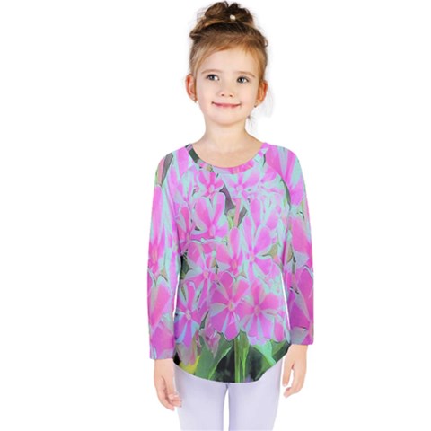 Hot Pink And White Peppermint Twist Garden Phlox Kids  Long Sleeve Tee by myrubiogarden