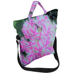 Hot Pink And White Peppermint Twist Garden Phlox Fold Over Handle Tote Bag by myrubiogarden