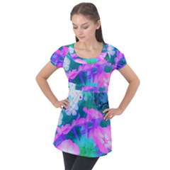 Pink, Green, Blue And White Garden Phlox Flowers Puff Sleeve Tunic Top