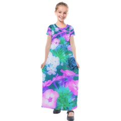 Pink, Green, Blue And White Garden Phlox Flowers Kids  Short Sleeve Maxi Dress by myrubiogarden