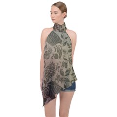 Wordsworth Metallic Flowers Halter Asymmetric Satin Top