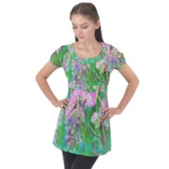 Invincibelle Spirit Hot Pink Hydrangeas On Aqua Green Puff Sleeve Tunic Top