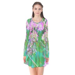 Invincibelle Spirit Hot Pink Hydrangeas On Aqua Green Long Sleeve V-neck Flare Dress by myrubiogarden