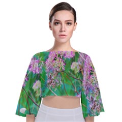 Invincibelle Spirit Hot Pink Hydrangeas On Aqua Green Tie Back Butterfly Sleeve Chiffon Top by myrubiogarden