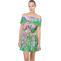 Invincibelle Spirit Hot Pink Hydrangeas On Aqua Green Off Shoulder Chiffon Dress by myrubiogarden