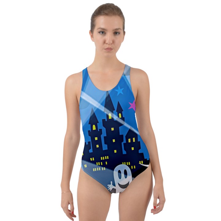 Halloween Ghosts Haunted House Cut-Out Back One Piece Swimsuit