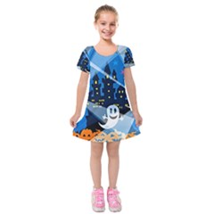 Halloween Ghosts Haunted House Kids  Short Sleeve Velvet Dress by Wegoenart