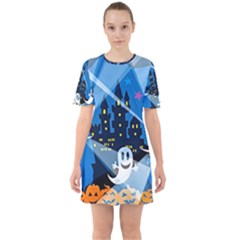 Halloween Ghosts Haunted House Sixties Short Sleeve Mini Dress by Wegoenart