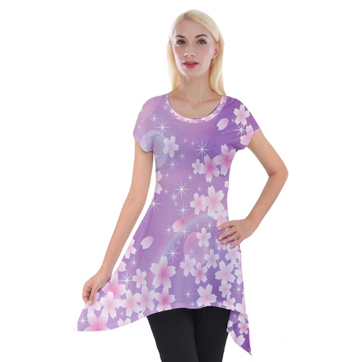 Japanese Sakura Background Short Sleeve Side Drop Tunic