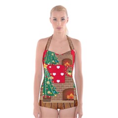 Christmas Room Living Room Boyleg Halter Swimsuit  by Wegoenart