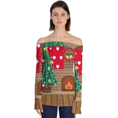 Christmas Room Living Room Off Shoulder Long Sleeve Top by Wegoenart