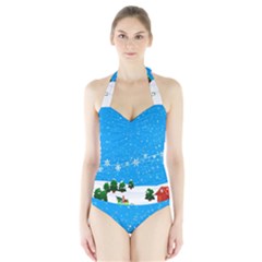 Elf On A Shelf In Sled Snowflakes Halter Swimsuit by Wegoenart