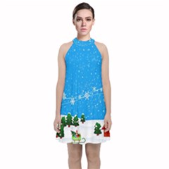 Elf On A Shelf In Sled Snowflakes Velvet Halter Neckline Dress 