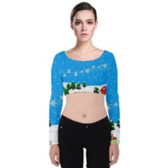 Elf On A Shelf In Sled Snowflakes Velvet Long Sleeve Crop Top by Wegoenart