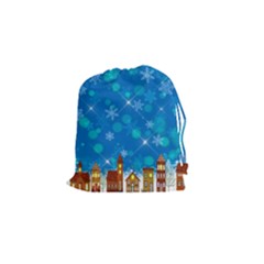 Winter Village Snow Brick Buildings Drawstring Pouch (Small)