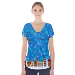 Winter Village Snow Brick Buildings Short Sleeve Front Detail Top