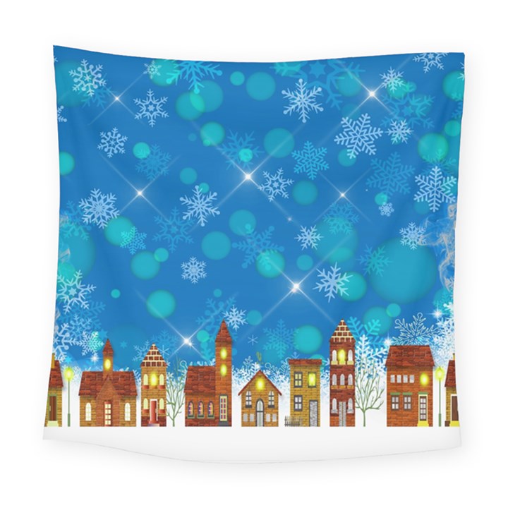 Winter Village Snow Brick Buildings Square Tapestry (Large)