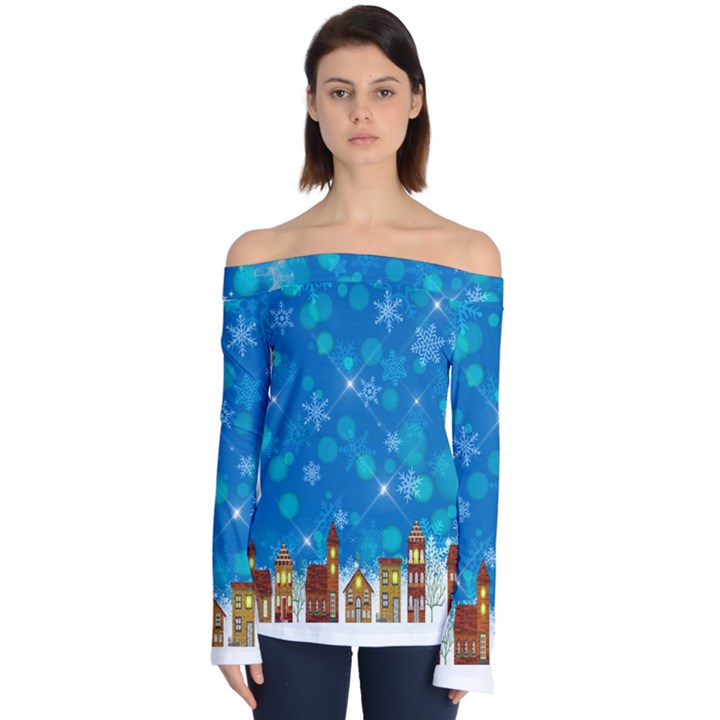 Winter Village Snow Brick Buildings Off Shoulder Long Sleeve Top