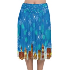 Winter Village Snow Brick Buildings Velvet Flared Midi Skirt