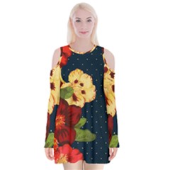 Flowers Vintage Floral Velvet Long Sleeve Shoulder Cutout Dress by Wegoenart