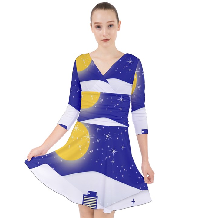 Night Christmas Background Moon Snow Quarter Sleeve Front Wrap Dress