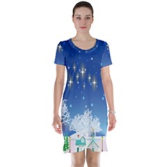 Snowflakes Snowy Landscape Reindeer Short Sleeve Nightdress by Wegoenart