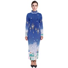 Snowflakes Snowy Landscape Reindeer Turtleneck Maxi Dress by Wegoenart