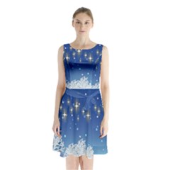 Snowflakes Snowy Landscape Reindeer Sleeveless Waist Tie Chiffon Dress by Wegoenart