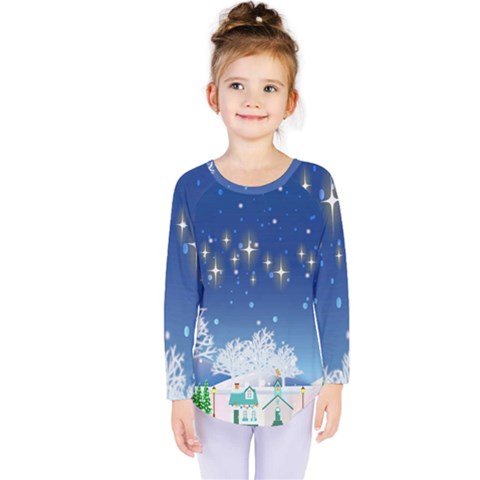 Snowflakes Snowy Landscape Reindeer Kids  Long Sleeve Tee by Wegoenart