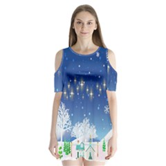 Snowflakes Snowy Landscape Reindeer Shoulder Cutout Velvet One Piece by Wegoenart