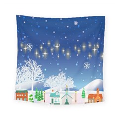 Snowflakes Snowy Landscape Reindeer Square Tapestry (small) by Wegoenart