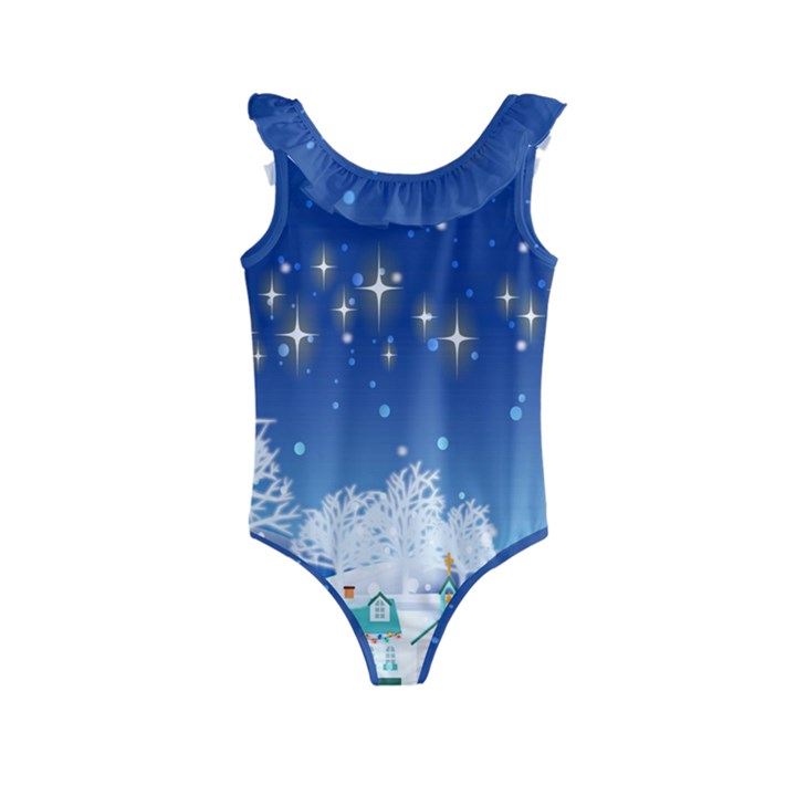 Snowflakes Snowy Landscape Reindeer Kids  Frill Swimsuit