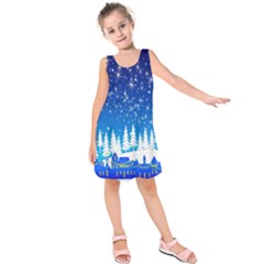 Snowflakes Snowy Landscape Reindeer Kids  Sleeveless Dress by Wegoenart