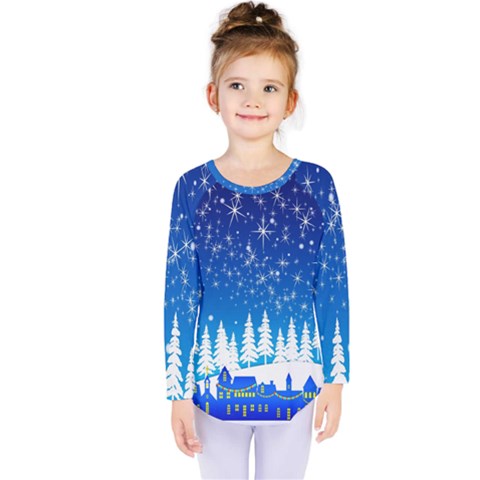 Snowflakes Snowy Landscape Reindeer Kids  Long Sleeve Tee by Wegoenart